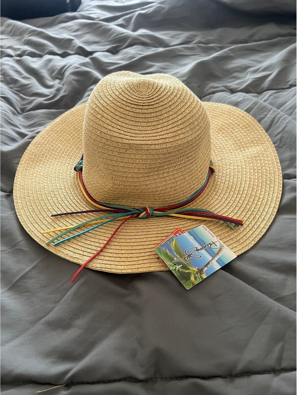 Women's Wide Brim Straw Sun Hat with Rainbow Accent Band